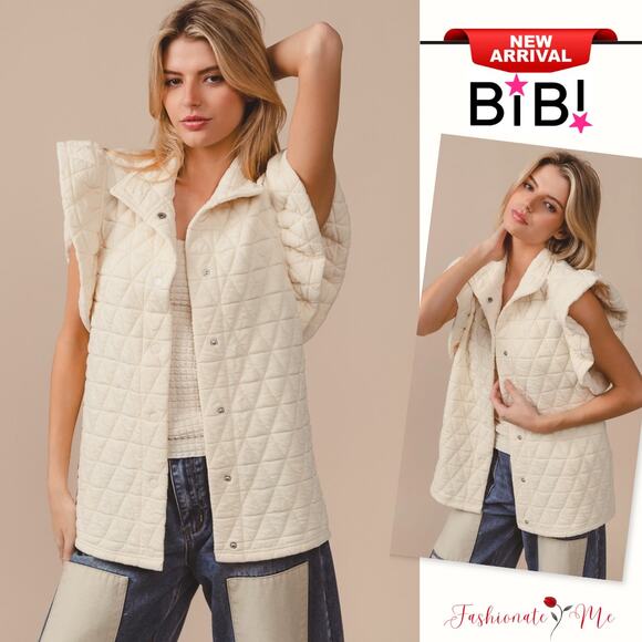 BiBi Diamond Print Ruffle Sleeves Pocket Oversized Quilted Vest Jacket | Oatmeal - Picture 1 of 8